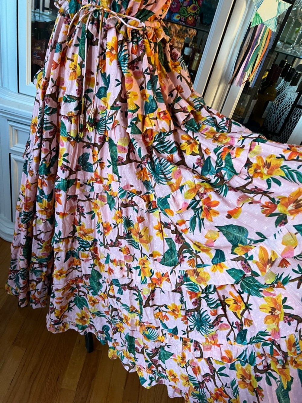 FARM Rio Pink Tropical Floral Tie-Shoulder Tiered Maxi Dress L - Picture 5 of 16
